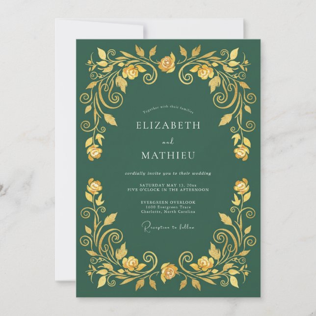 Invitation Mariage Romantique à la Fleur Émeraude Dorée (Devant)