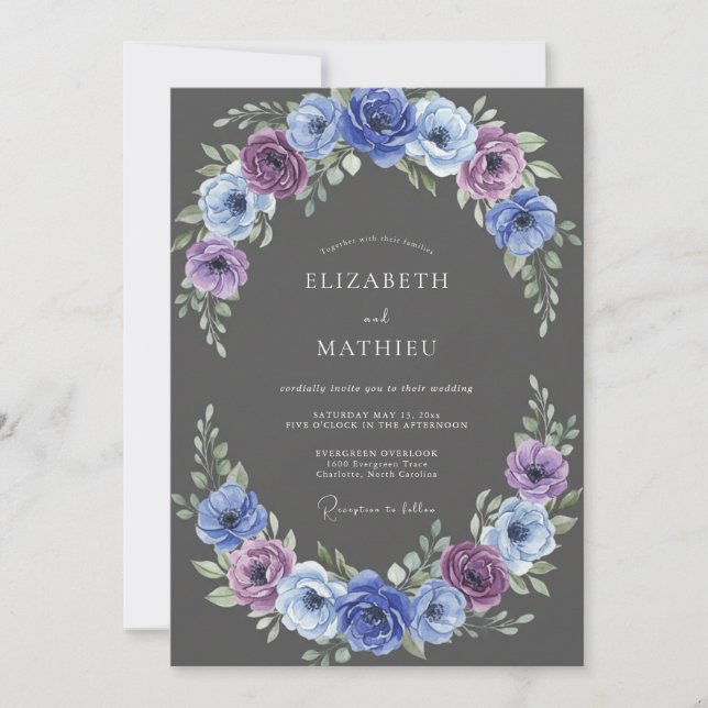 Invitation Mariage romantique à la floraison indigo (Devant)