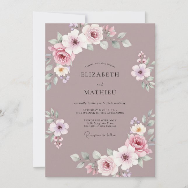 Invitation Mariage romantique à la floraison mauve (Devant)
