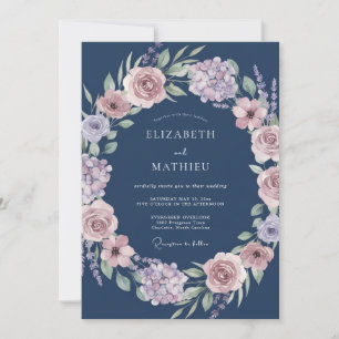 Invitation Mariage Romantique à la Guirlande Florale Bleu Mar