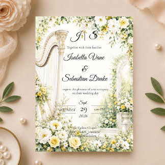 Invitation Mariage Romantique à la Harpe de Jardin Élégant