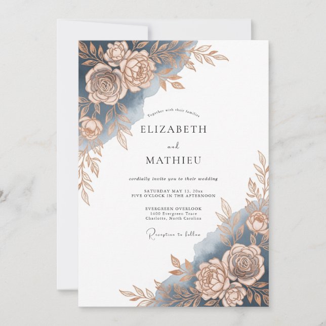 Invitation Mariage Romantique à la Rose Bleue Peinte (Devant)
