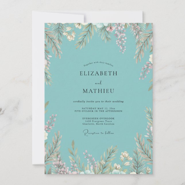 Invitation Mariage romantique à l'aquarelle avec feuillage et (Devant)