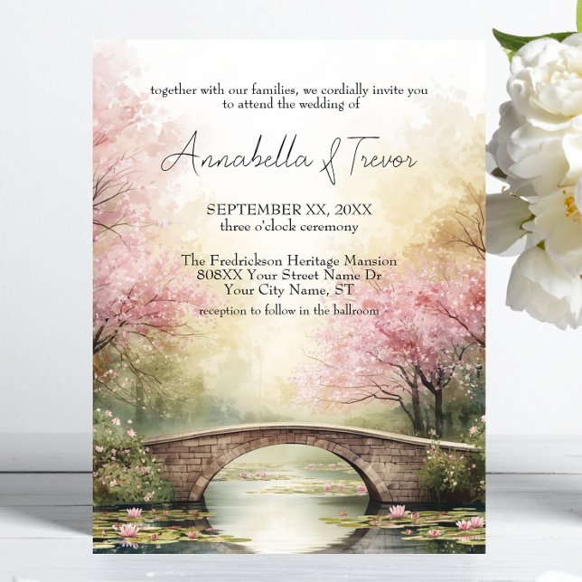 Invitation Mariage romantique à l'aquarelle avec un pont et d (Créateur téléchargé)
