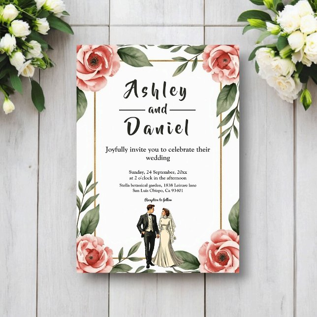 Invitation Mariage romantique à l'aquarelle de la mariée et d (Créateur téléchargé)