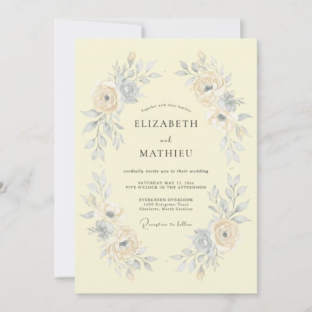 Invitation Mariage romantique à l'aquarelle jaune pâle (Devant)