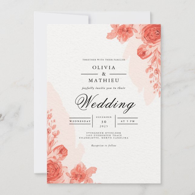 Invitation Mariage Romantique à l'Arche Florale Corail (Devant)