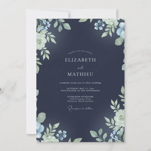 Invitation Mariage Romantique à Minuit aux Feuilles d'Indigo (Devant)