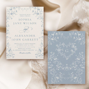 Invitation Mariage romantique à monogramme floral bleu