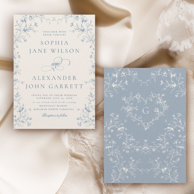 Invitation Mariage romantique à monogramme floral bleu (Créateur téléchargé)