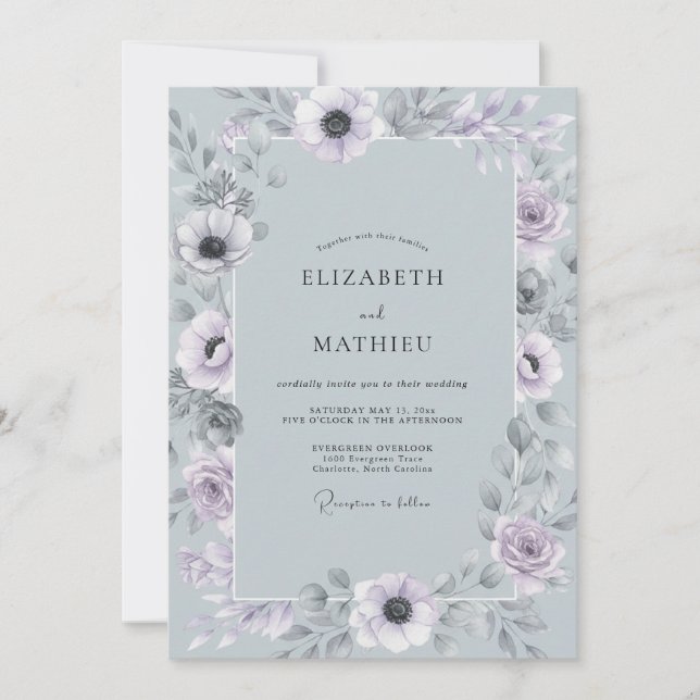 Invitation Mariage Romantique Anémone Bleu Ardoise (Devant)