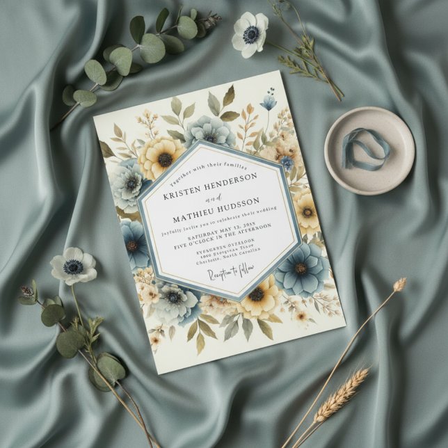 Invitation Mariage Romantique Anémone Bleu Poussiéreux (Créateur téléchargé)