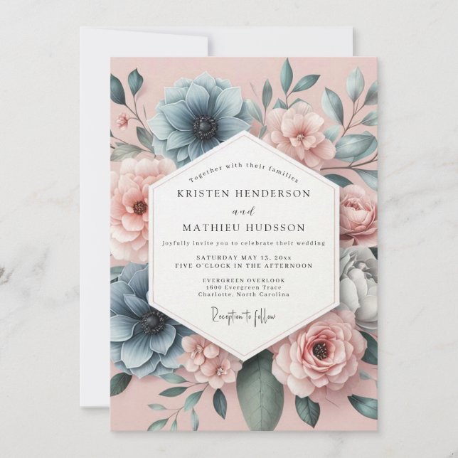 Invitation Mariage Romantique Anémone Bleu Poussiéreux (Devant)