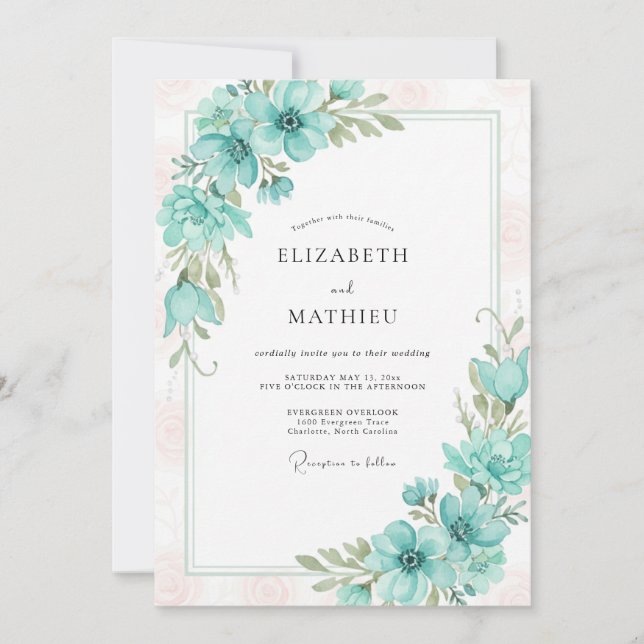 Invitation Mariage Romantique Anémone Mousse de Mer (Devant)