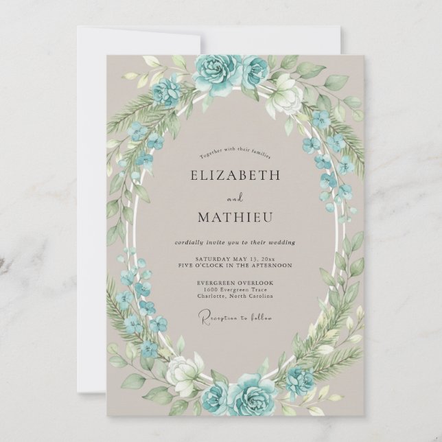 Invitation Mariage Romantique Aqua Pivoine (Devant)