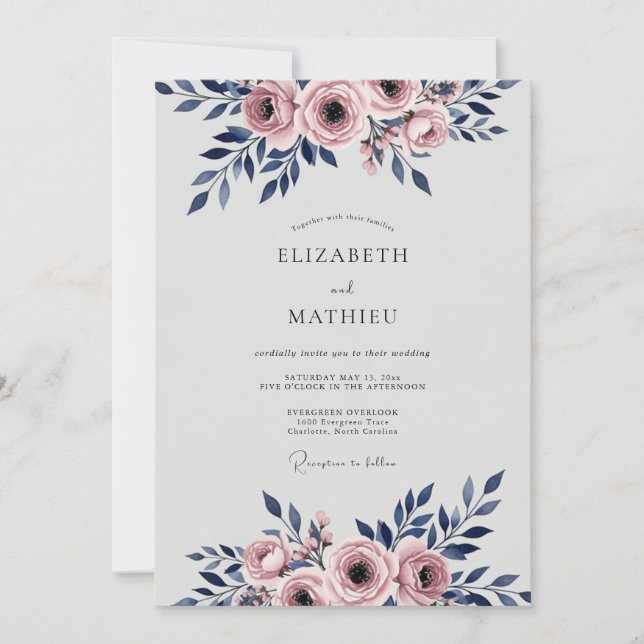 Invitation Mariage romantique aquarelle bleu marine (Devant)