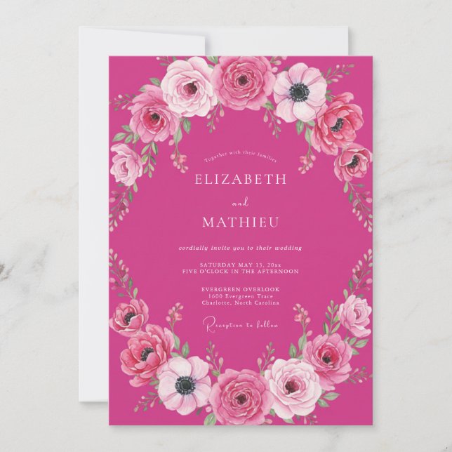 Invitation Mariage romantique aquarelle fuchsia gras (Devant)
