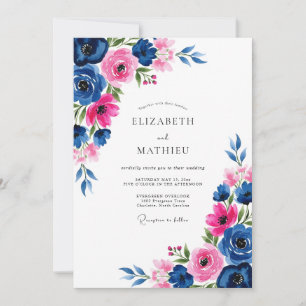 Invitation Mariage Romantique Aquarelle Fuchsia Navy