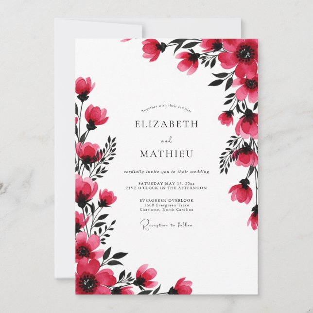 Invitation Mariage romantique aquarelle magenta (Devant)