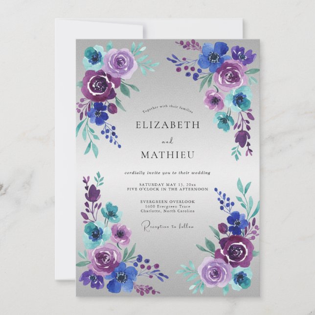 Invitation Mariage romantique aquarelle turquoise et violet (Devant)