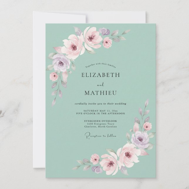 Invitation Mariage romantique aquarelle vert menthe (Devant)
