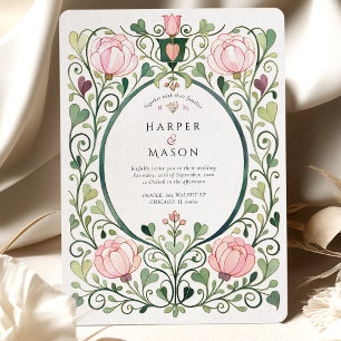 Invitation Mariage romantique Art nouveau avec pivoine rose
