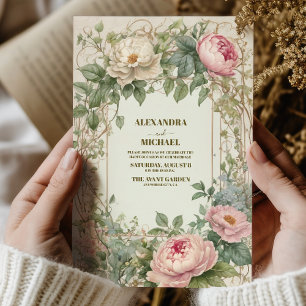 Invitation Mariage Romantique Art Nouveau Pivoine Rose