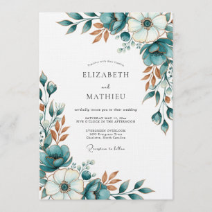 Invitation Mariage Romantique Artistique Floral Sarcelle