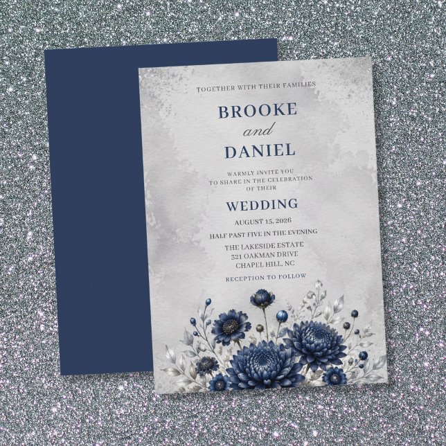 Invitation Mariage Romantique au Chrysanthème Navy Scabiosa (Créateur téléchargé)
