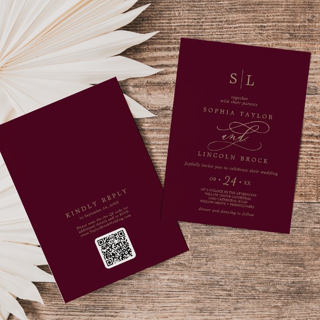 Invitation Mariage romantique au dos du code QR en monogramme (Romantic Burgundy Monogram QR Code Back Wedding Invitation)