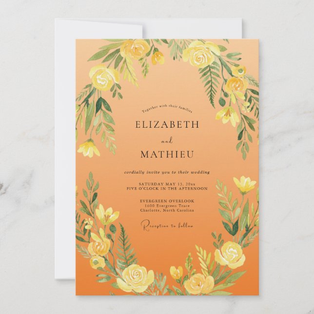 Invitation Mariage Romantique au Feuillage Luxuriant Jaune (Devant)