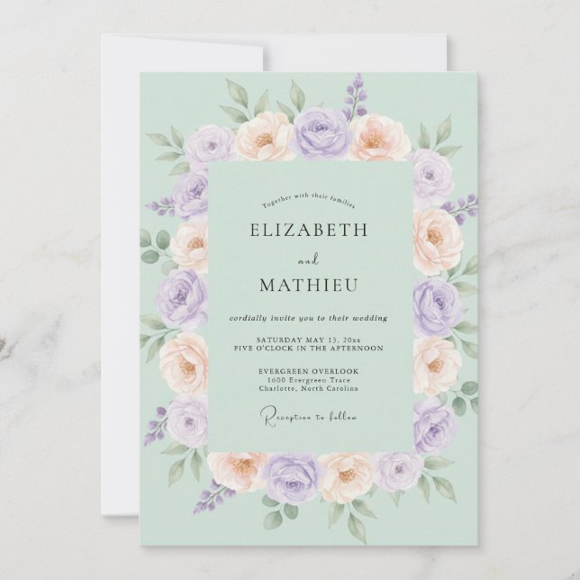 Invitation Mariage Romantique au Vert Menthe Pastel (Devant)