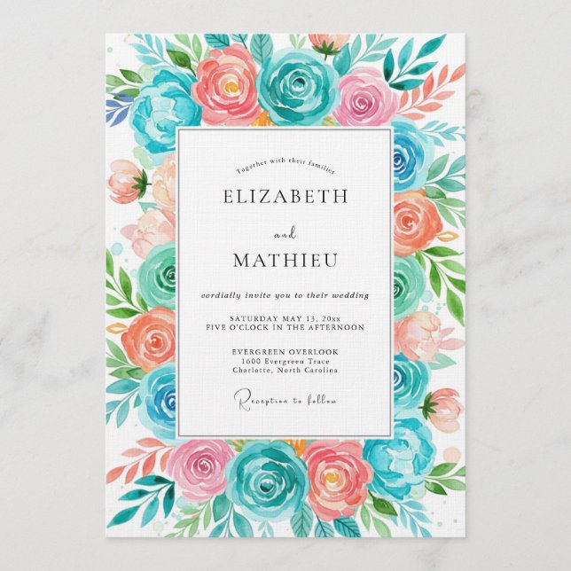 Invitation Mariage romantique aux coraux sarcelle en fleurs (Devant)