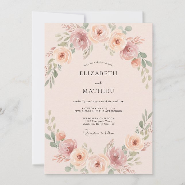 Invitation Mariage Romantique aux Douces Botaniques de Pêche (Devant)