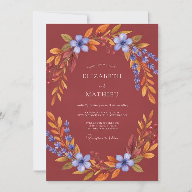 Invitation Mariage romantique aux feuilles de bleuet rouille (Devant)