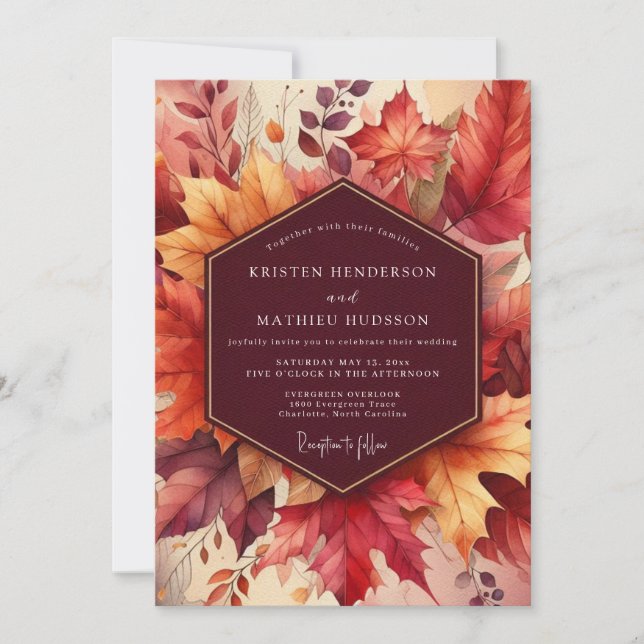 Invitation Mariage Romantique aux Feuilles de Bourgogne (Devant)