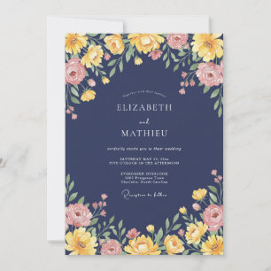 Invitation Mariage romantique aux fleurs ambre marine