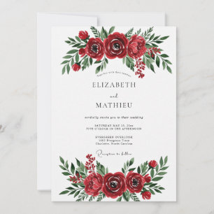 Invitation Mariage romantique aux fleurs aquarelles cramoisie