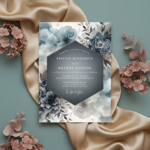 Invitation Mariage Romantique aux Fleurs Bleu Ardoise