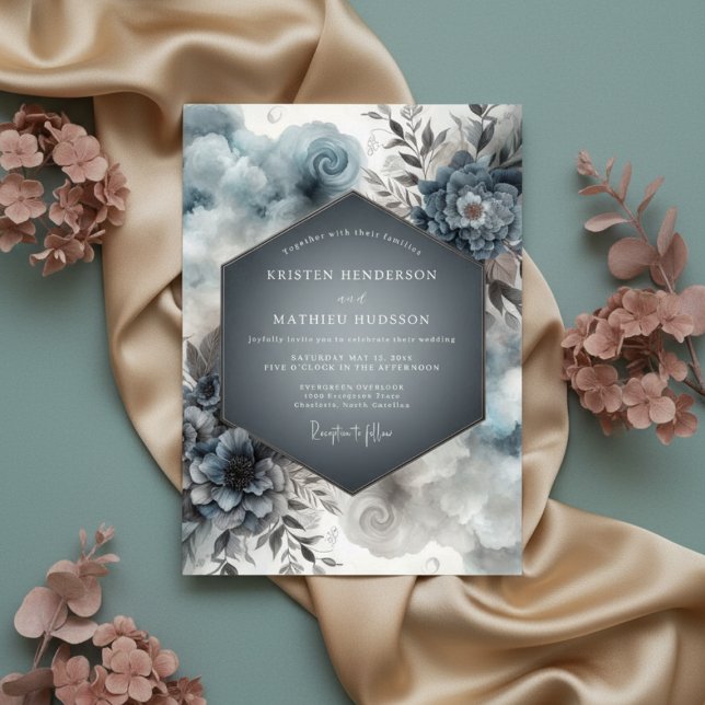 Invitation Mariage Romantique aux Fleurs Bleu Ardoise (Créateur téléchargé)