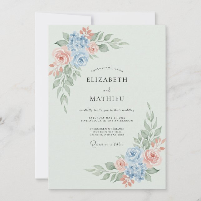 Invitation Mariage Romantique aux Fleurs Bleu Clair (Devant)