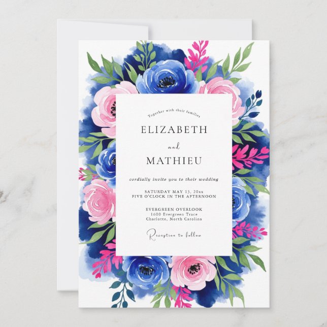 Invitation Mariage Romantique aux Fleurs Bleu Cobalt (Devant)