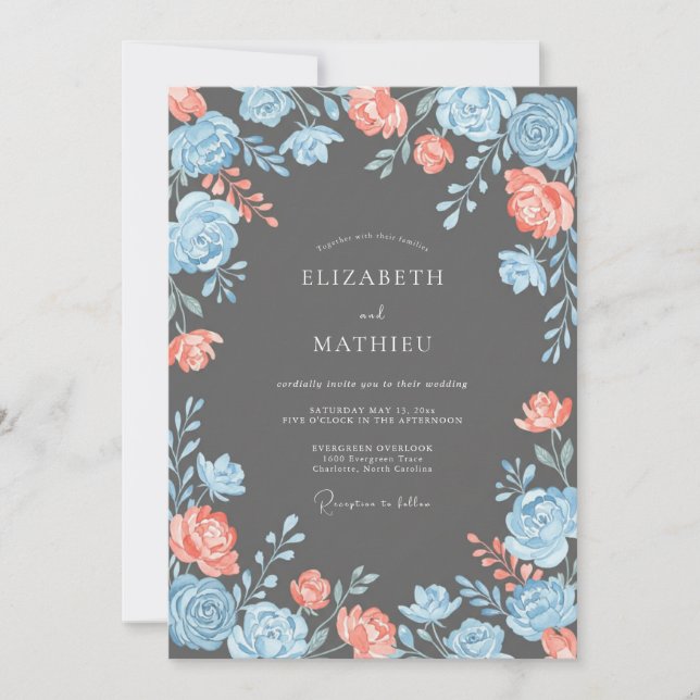 Invitation Mariage Romantique aux Fleurs Bleu Corail (Devant)