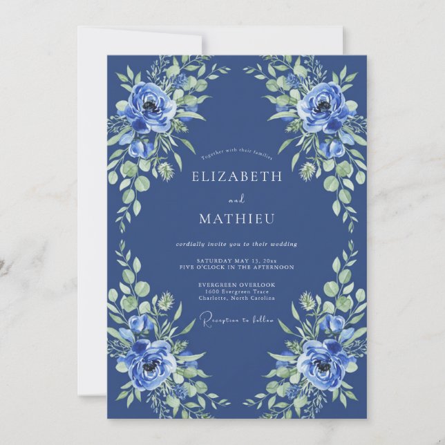 Invitation Mariage Romantique aux Fleurs Bleu Indigo (Devant)