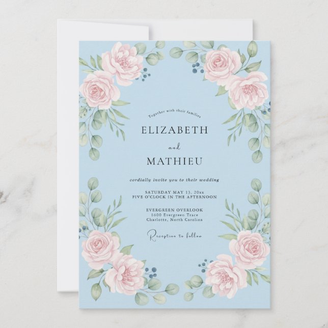 Invitation Mariage Romantique aux Fleurs Bleues Pâles (Devant)