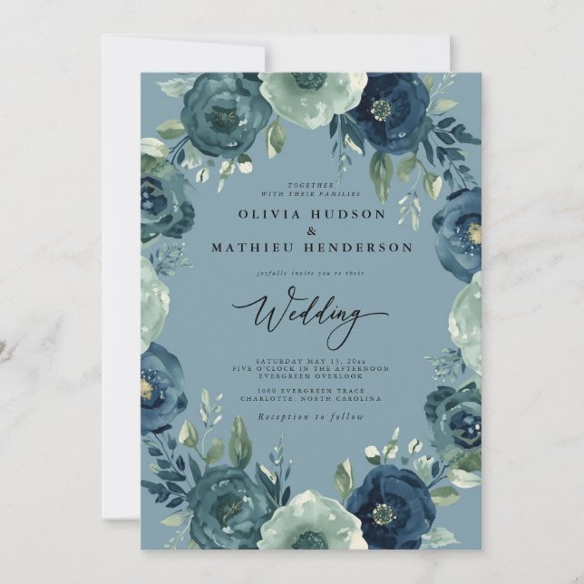 Invitation Mariage romantique aux fleurs bleues profondes (Devant)