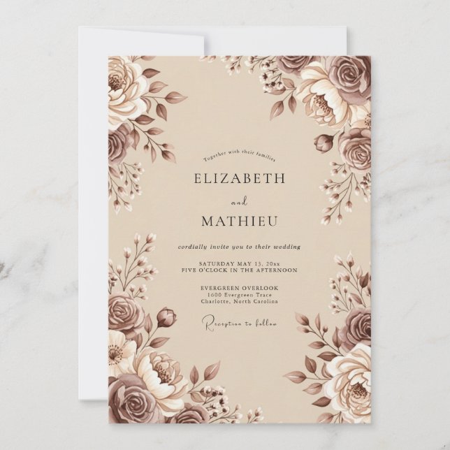 Invitation Mariage Romantique aux Fleurs Brunes (Devant)