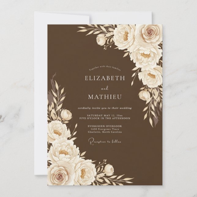 Invitation Mariage Romantique aux Fleurs Brunes (Devant)
