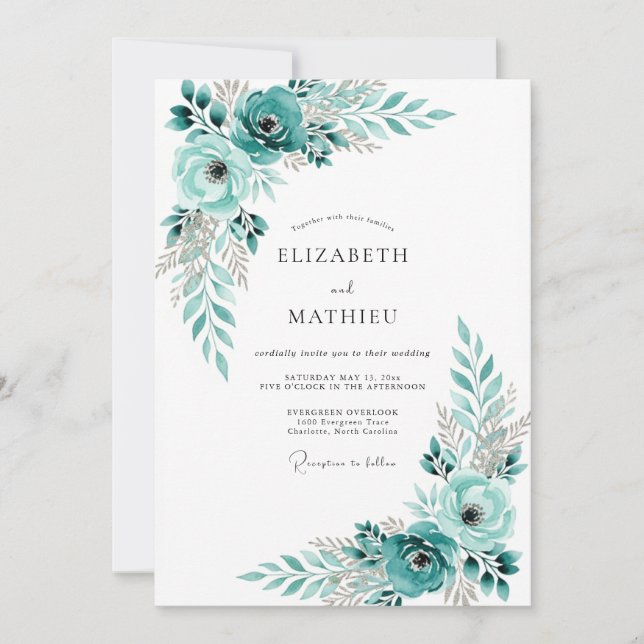 Invitation Mariage Romantique aux Fleurs de Bleu Vert (Devant)