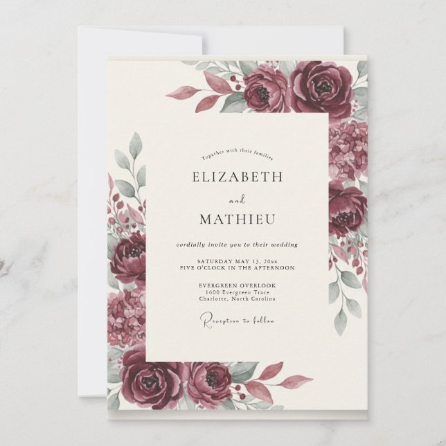 Invitation Mariage Romantique aux Fleurs de Bourgogne (Devant)